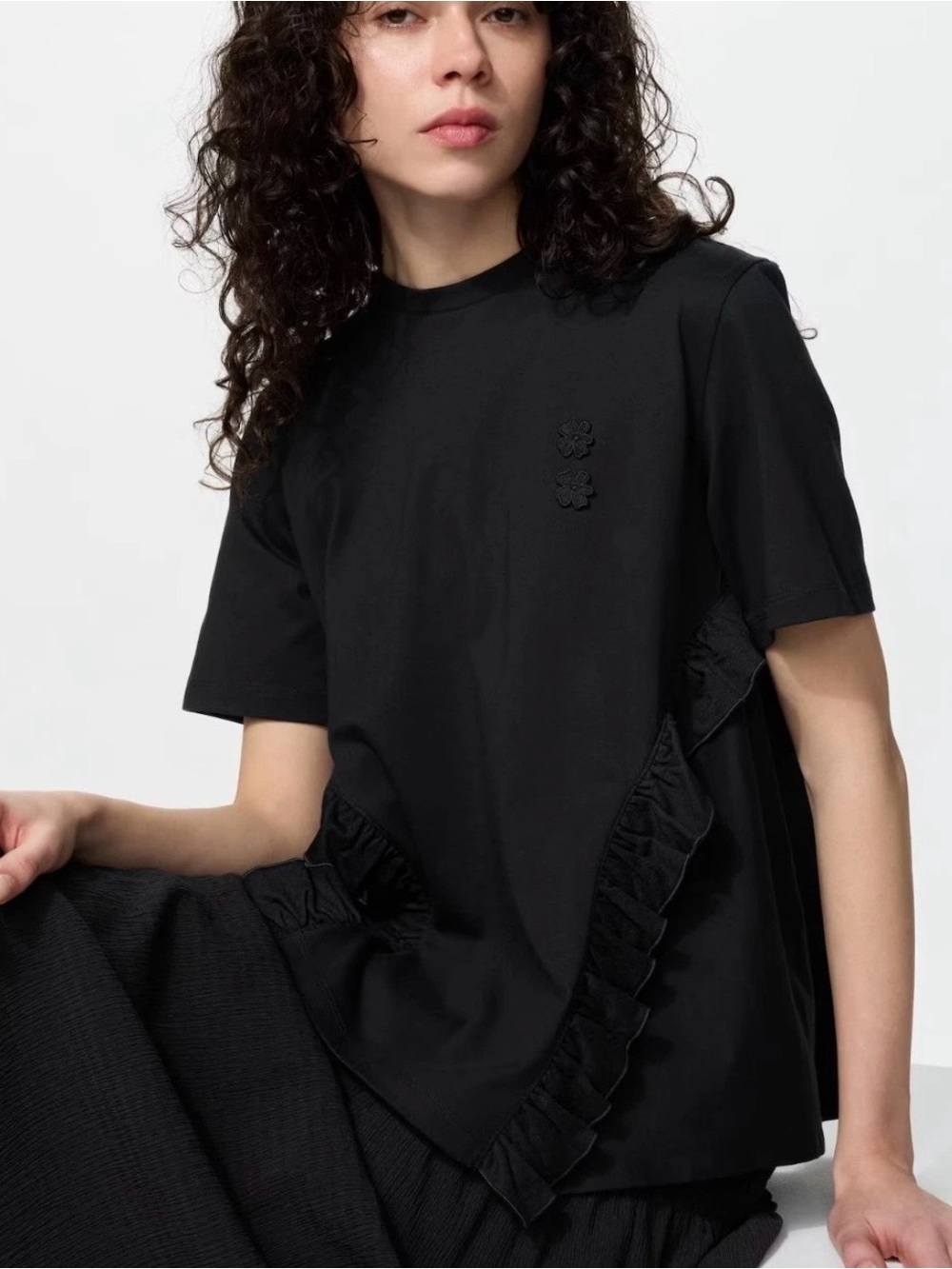 NWT Uniqlo x Cecilia Bahnsen Black Frill Short-Sleeve Tee Size L